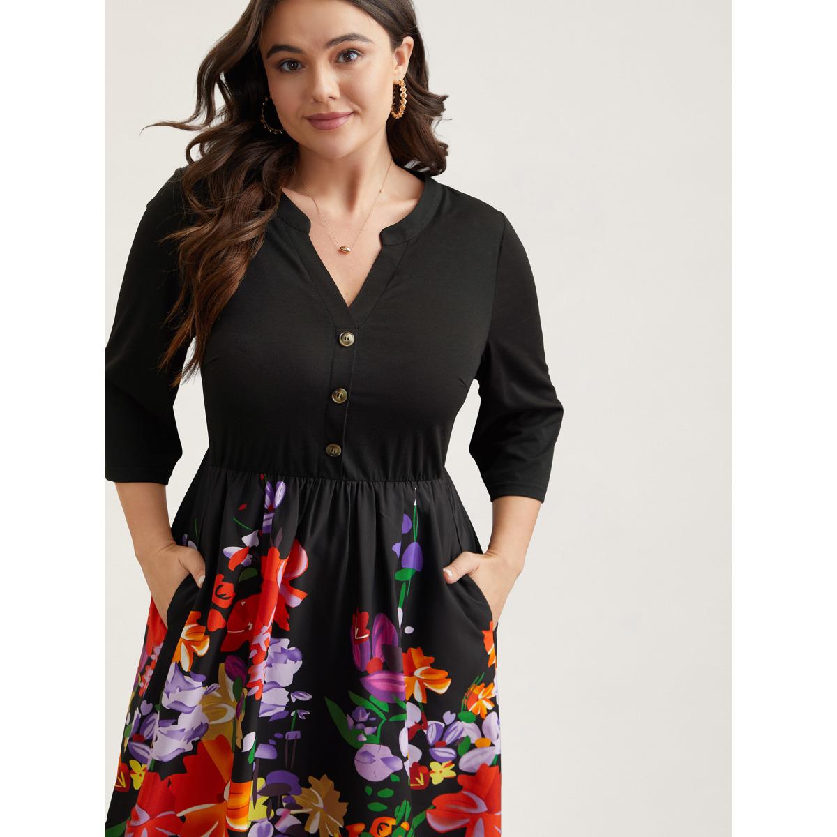 Plus Size Brush Stroke Flowers Notched Collar Dress Black Women Casual Button V-neck Elbow-length sleeve Curvy BloomChic 18-20/2X Product Image