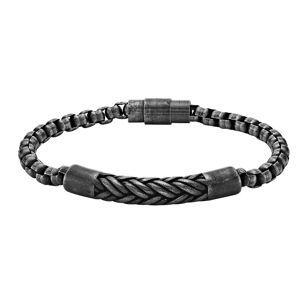 Men's LYNX Stainless Steel Black Ion Plated Antiqued Box Chain Bracelet,  Product Image