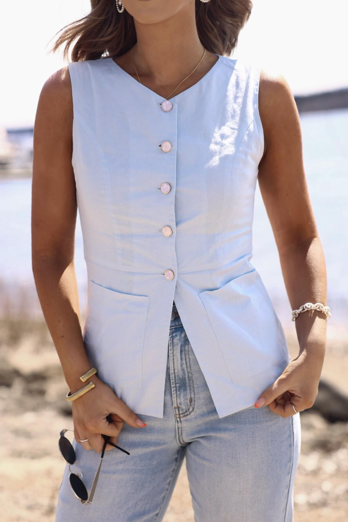 Sky Blue Fitted Button Down Linen Vest Top - FINAL SALE Product Image