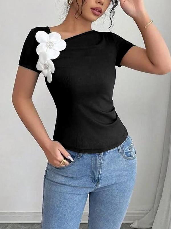 Short Sleeves Skinny Pleated Solid Color Three-Dimensional Flower Asymmetric Collar T-Shirts Tops Product Image