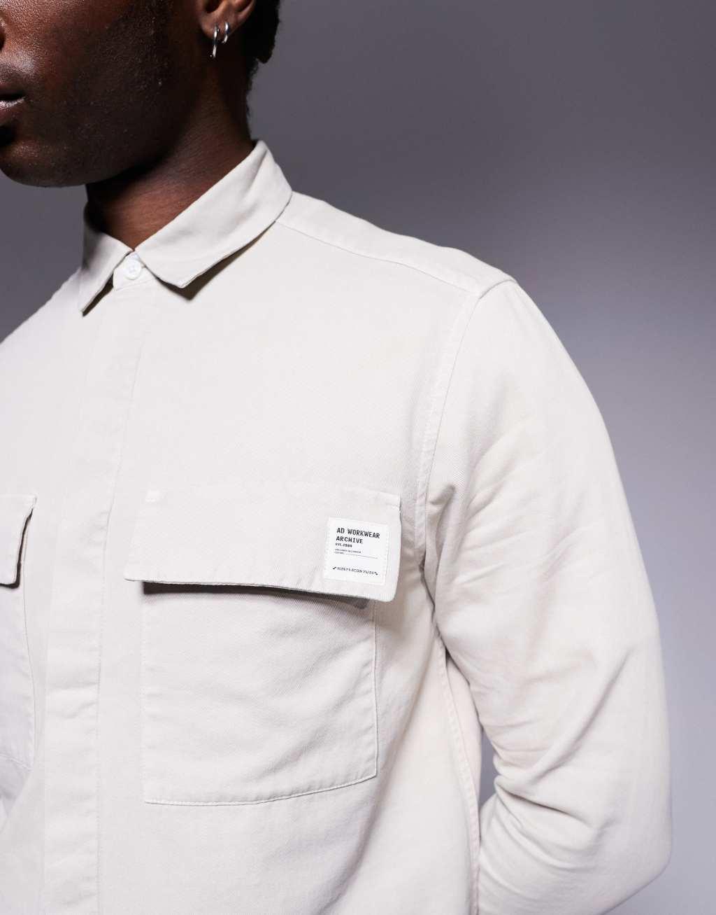 ASOS DESIGN boxy overshirt with badge in stone Product Image