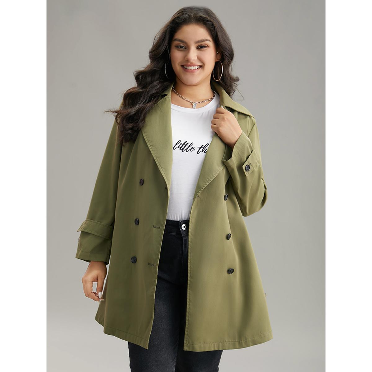 Plus Size Plain Double Breasted Belted Pocket Windbreaker Women ArmyGreen Casual Plain Ladies Dailywear Winter Coats BloomChic 28/5X Product Image