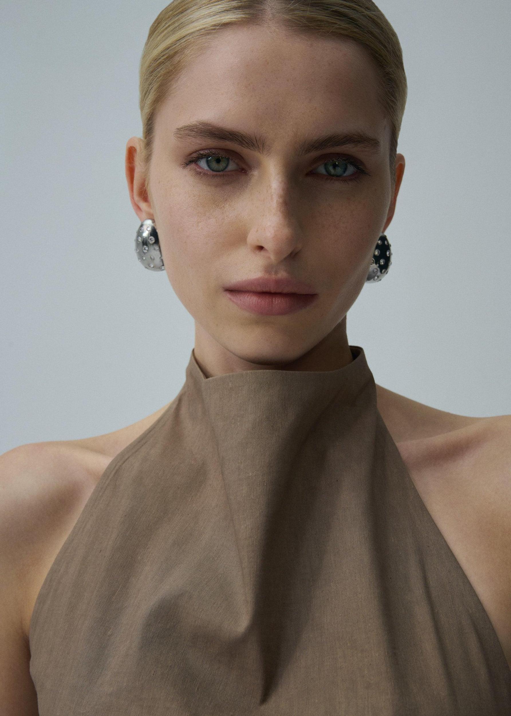 High neck floral applique midi dress in beige Product Image