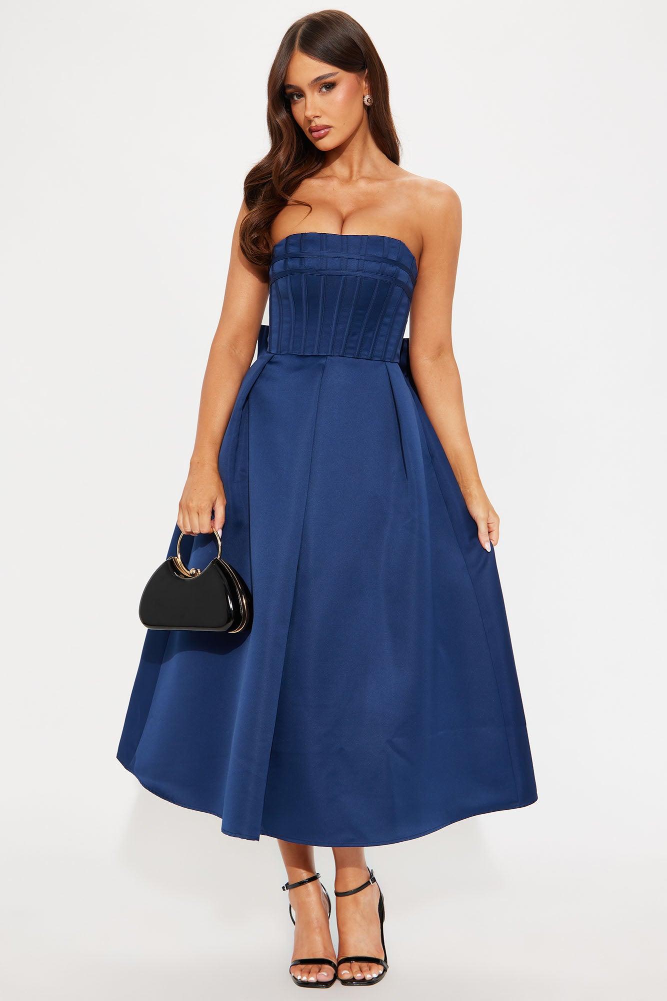 Majestic Night Satin Midi Dress - Navy Product Image