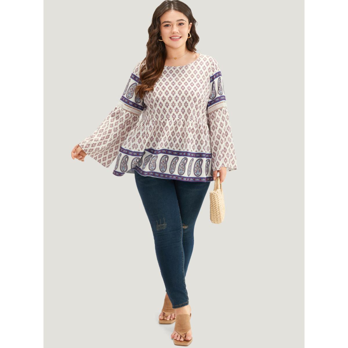 Plus Size Beige Boho Print Patchwork Lace Crew Neck Flutter Sleeve Blouse Women Vacation Long Sleeve Round Neck Vacation Blouses BloomChic 12/L Product Image