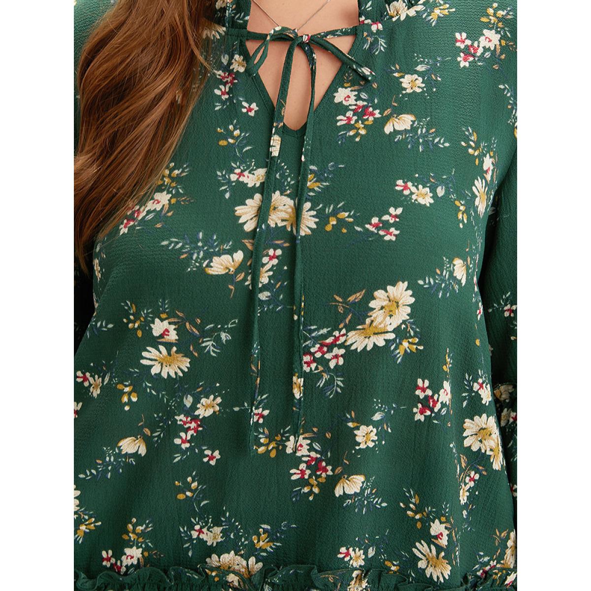 Plus Size DarkGreen Floral Print Knot Neck Ruffle Trim Blouse Women Elegant Elbow-length sleeve Tie Neck Dailywear Blouses BloomChic 12/L Product Image