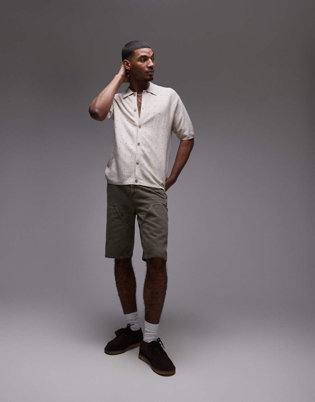 Topman pointelle knit polo shirt in stone Product Image