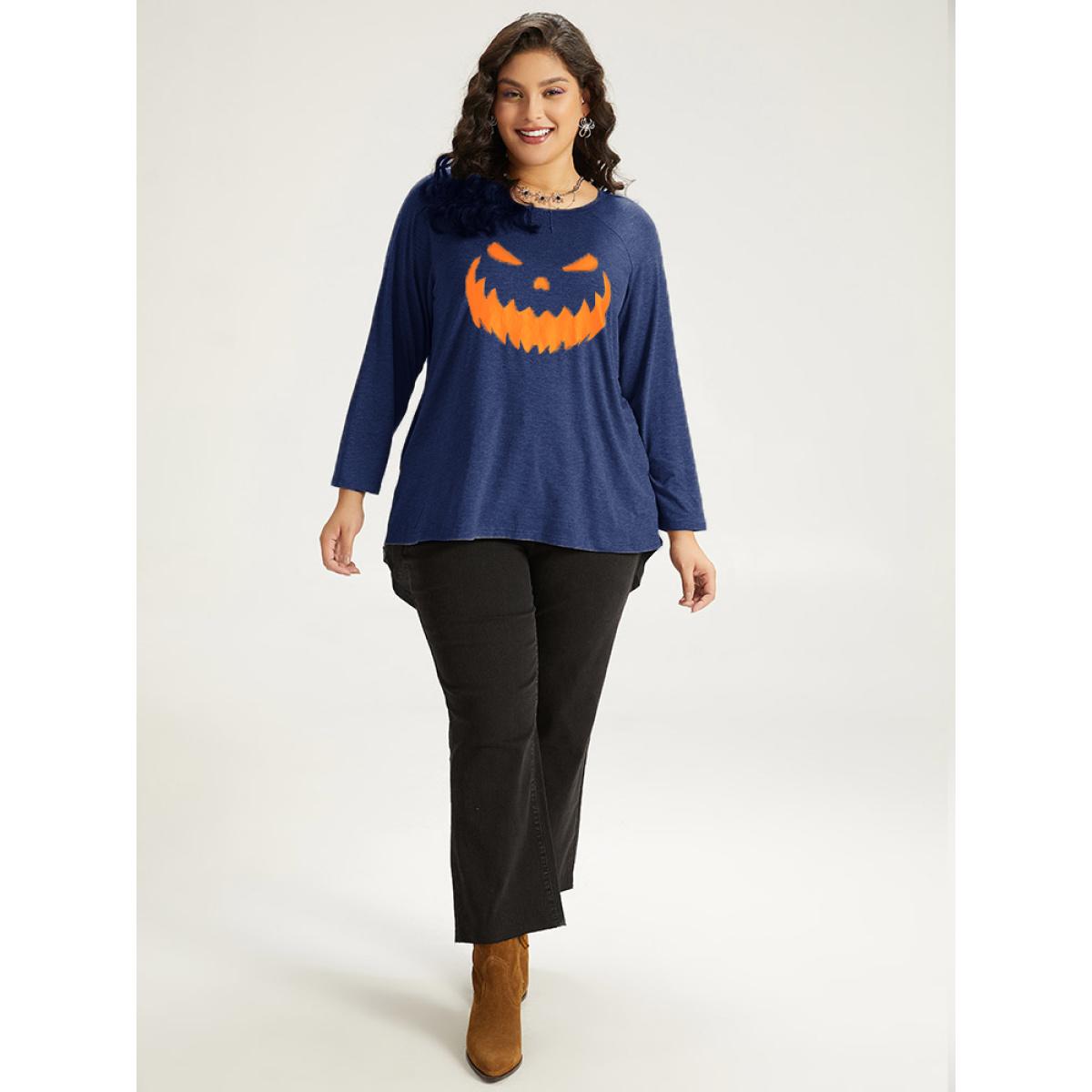 Plus Size Halloween Graphic Pocket Crew Neck T-shirt Blue Women Casual Printed Halloween Festival-Halloween T-shirts BloomChic 12/L Product Image