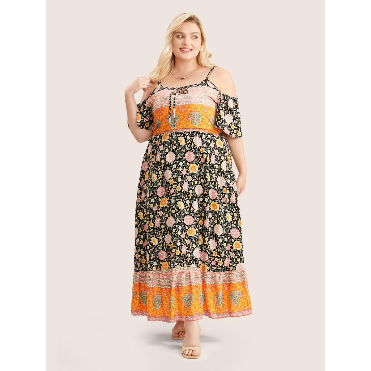 Plus Size Floral Print Pocket Keyhole Ruffles Cold Shoulder Maxi Dress Black Women Boho Non Non Half Sleeve Curvy Long Dress BloomChic 18-20/2X Product Image