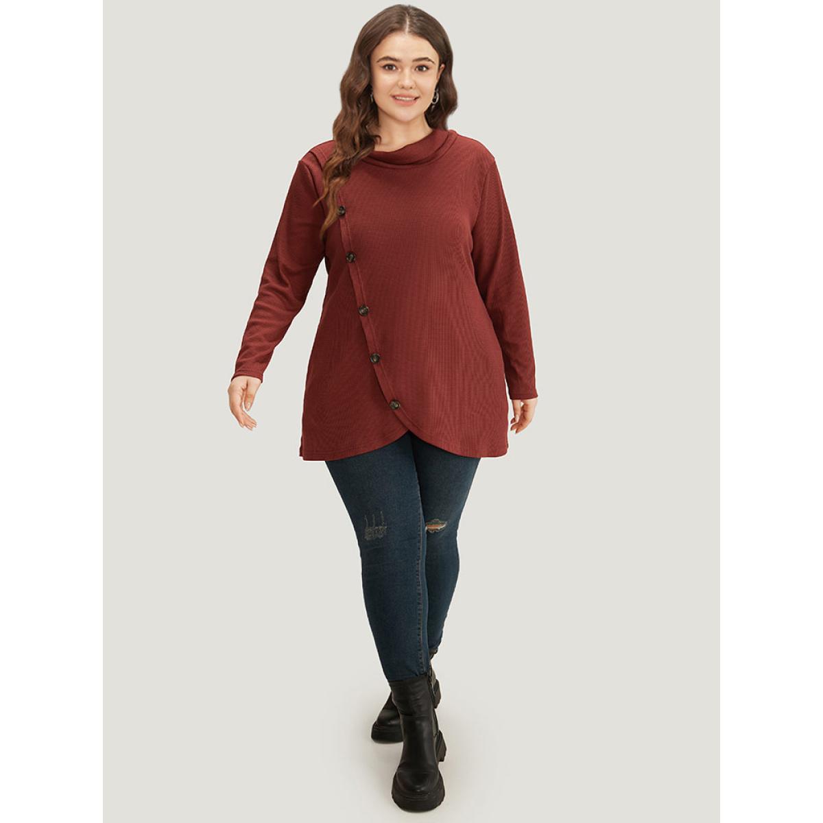 Plus Size Rib Knit Mock Neck Wrap Pocket Button Detail Sweatshirt Women Scarlet Casual Wrap Mock Neck Dailywear Sweatshirts BloomChic 22-24/3X Product Image