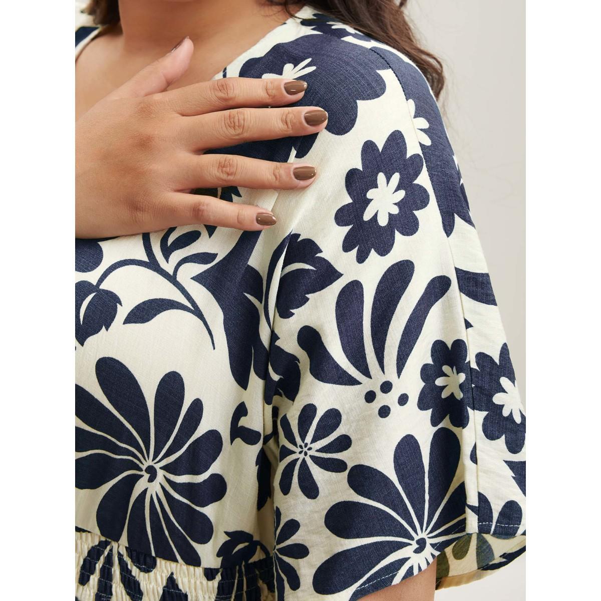 Plus Size Large Floral Print Pockets Midi Dress Indigo Women Resort Slit V-neck Short sleeve Curvy BloomChic 30/6X Product Image