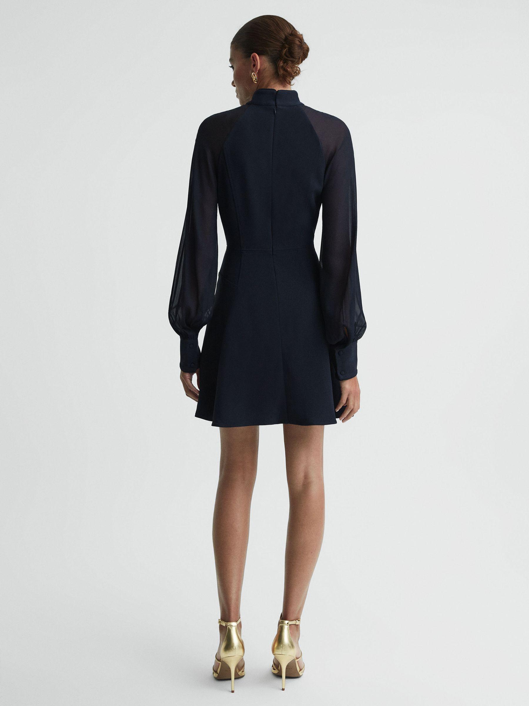 Sheer Blouson Sleeve Mini Dress in Navy Product Image