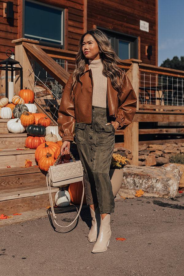 The Freda High Waist Cargo Midi Skirt in Olive Product Image