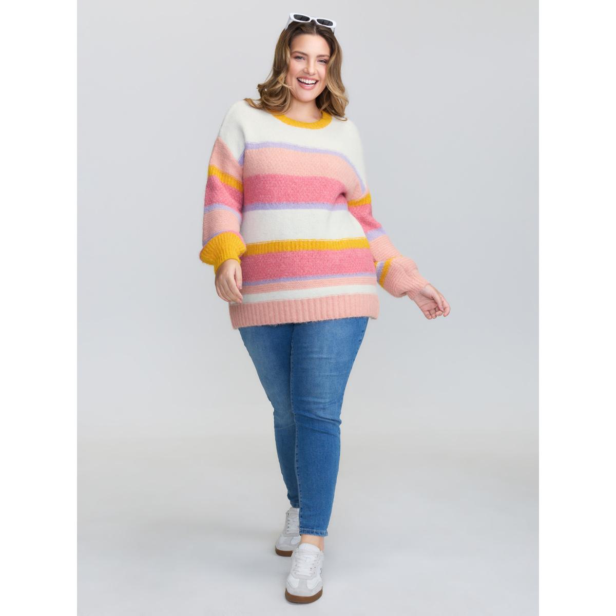 Plus Size Colorblock Textured Ribbed Hem Pullover Blush Women Playful Loose Long Sleeve Round Neck Casual Pullovers BloomChic 18-20/2X Product Image