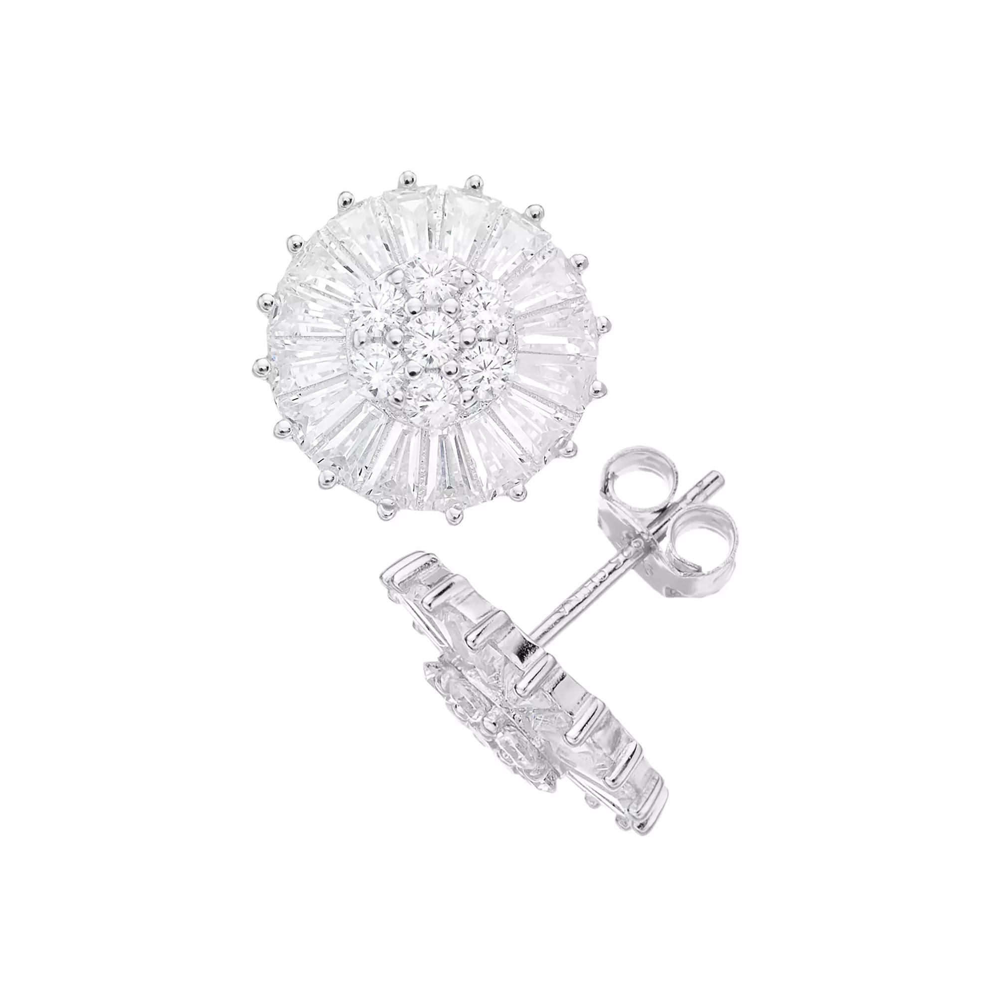 Sterling Silver Round & Baguette Cubic Zirconia Halo Stud Earrings, Womens Product Image