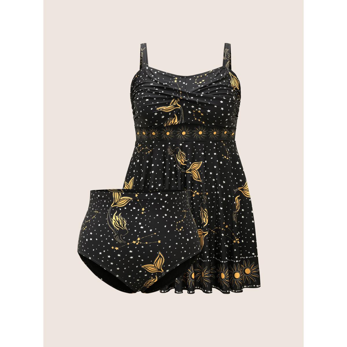 Plus Size Star & Sun Print Heart Neckline Crossover Swim Dress Women's Swimwear Black Beach Bodycon Heart neckline High stretch Curve Swim Dresses BloomChic 14-16/1X Product Image
