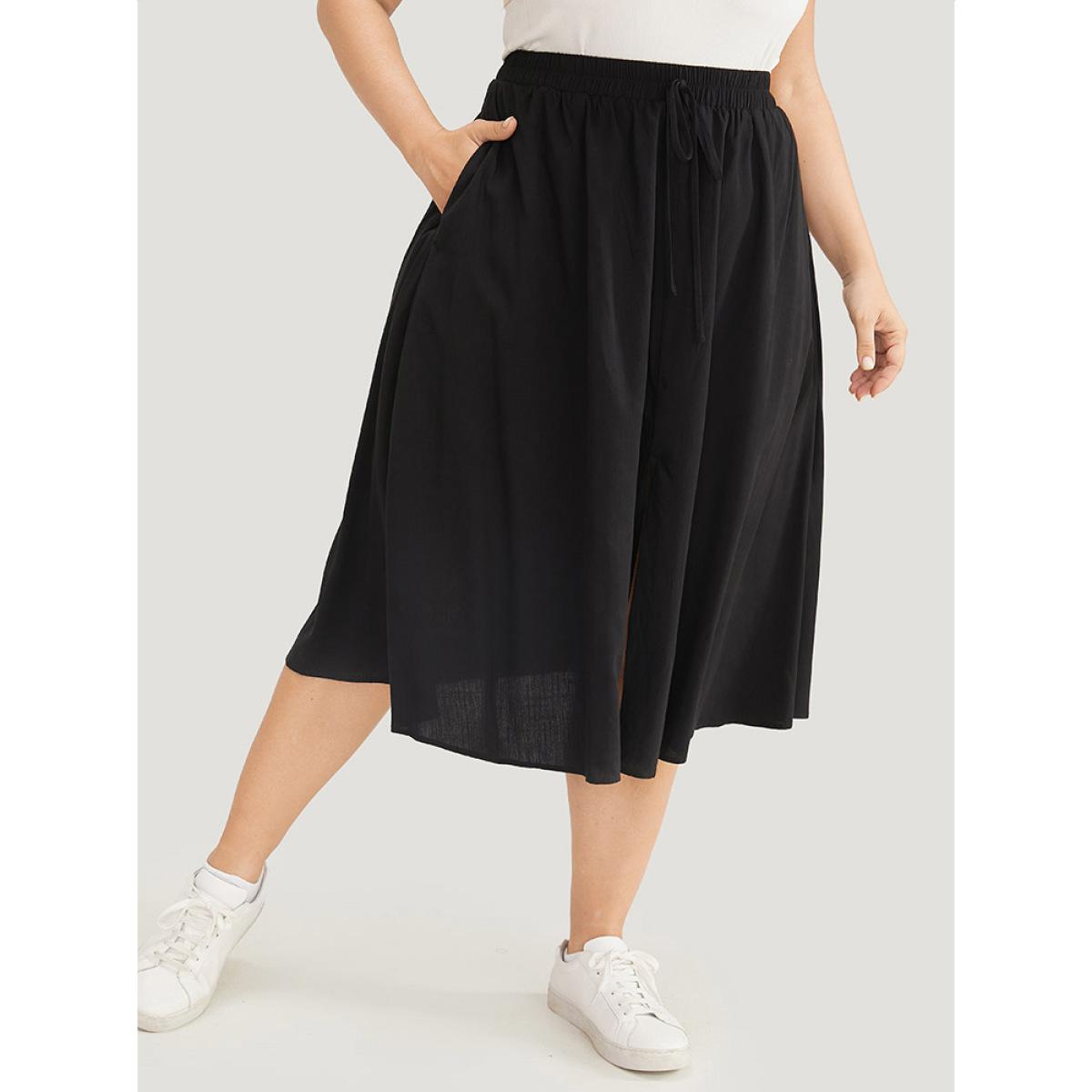 Plus Size Solid Pocket Knot Elastic Waist Split Hem Skirt Women Black Casual Knotted Loose No stretch Pocket Dailywear Skirts BloomChic 28/5X Product Image