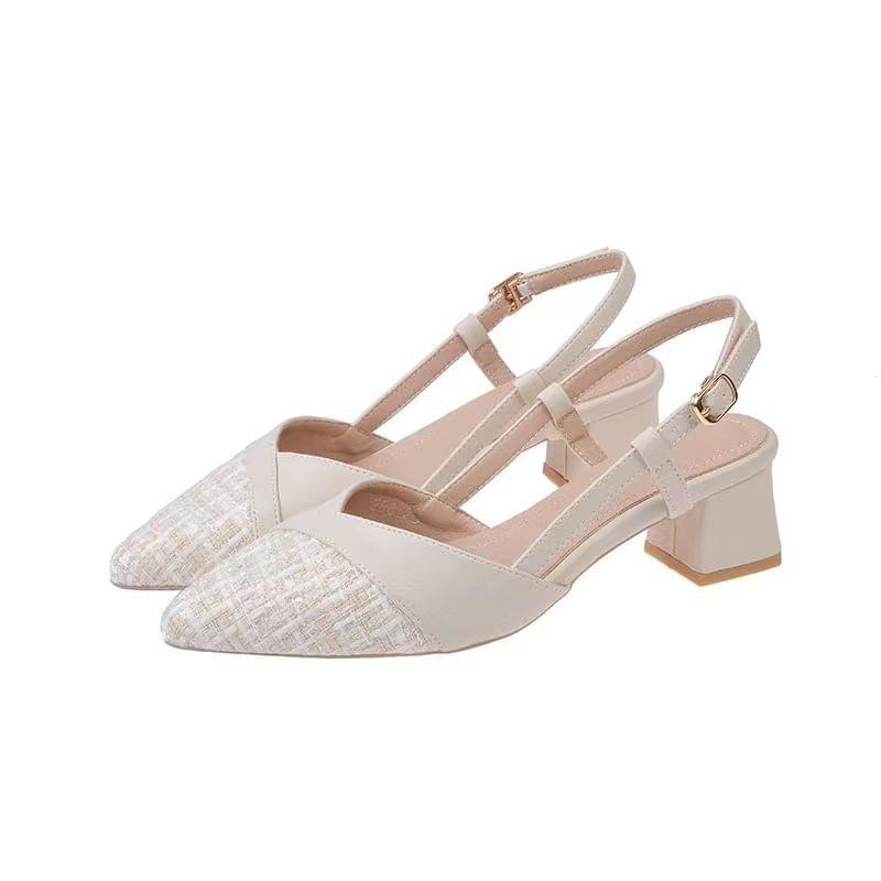 Pointed Toe Slingback Panel Tweed Block Heel Pumps Product Image