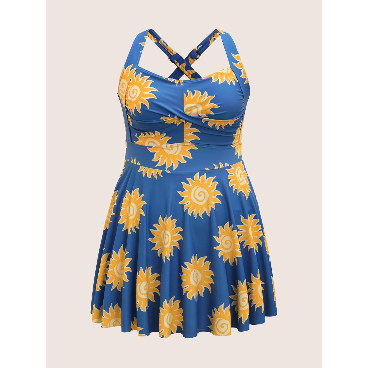 Plus Size Heart Neckline Sun Print Crossover Swim Dress Women's Swimwear Cerulean Beach Bodycon Heart neckline High stretch Curve Swim Dresses BloomChic 22-24/3X Product Image
