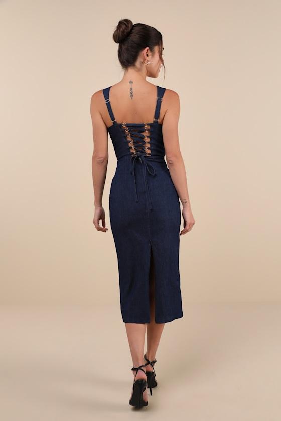 Keep It Darling Dark Wash Denim Bustier Lace-Up Midi Dress Product Image