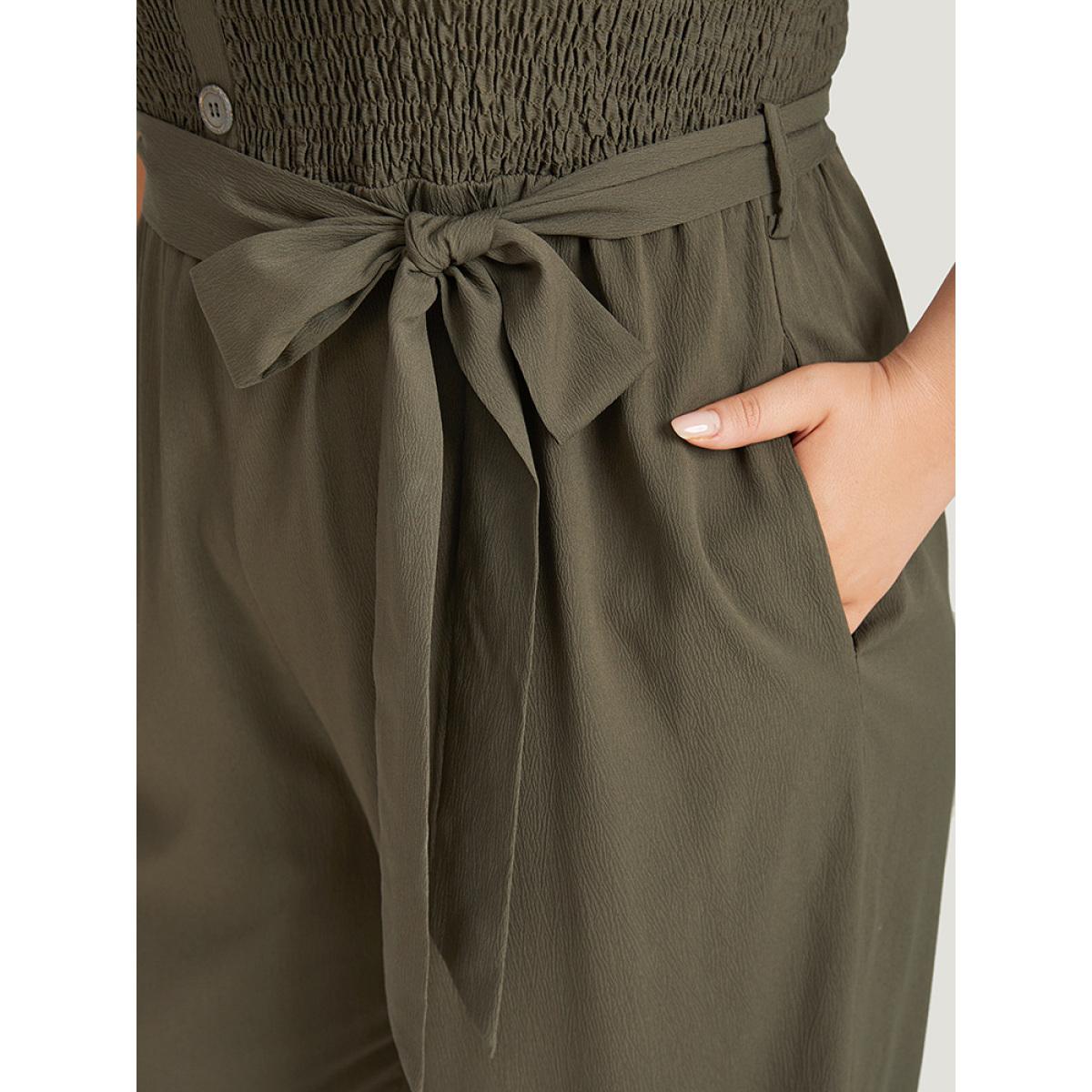 Plus Size ArmyGreen Shirred Frill Trim Belted Button Detail Cami Jumpsuit Women Elegant Sleeveless Square Neck Dailywear Loose Jumpsuits BloomChic 14-16/1X Product Image