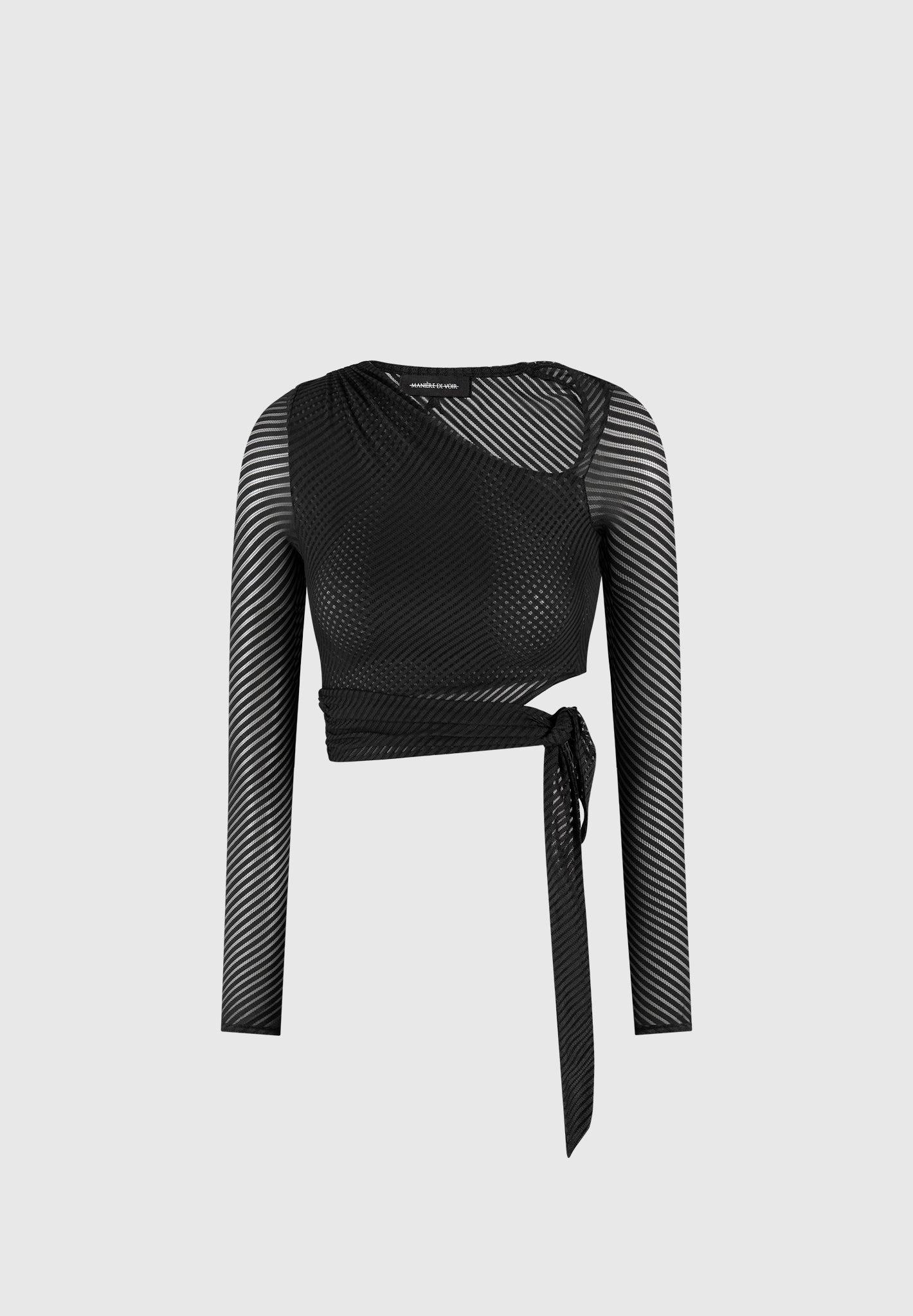 Ribbed Sheer Top with Tie - Black Female Product Image