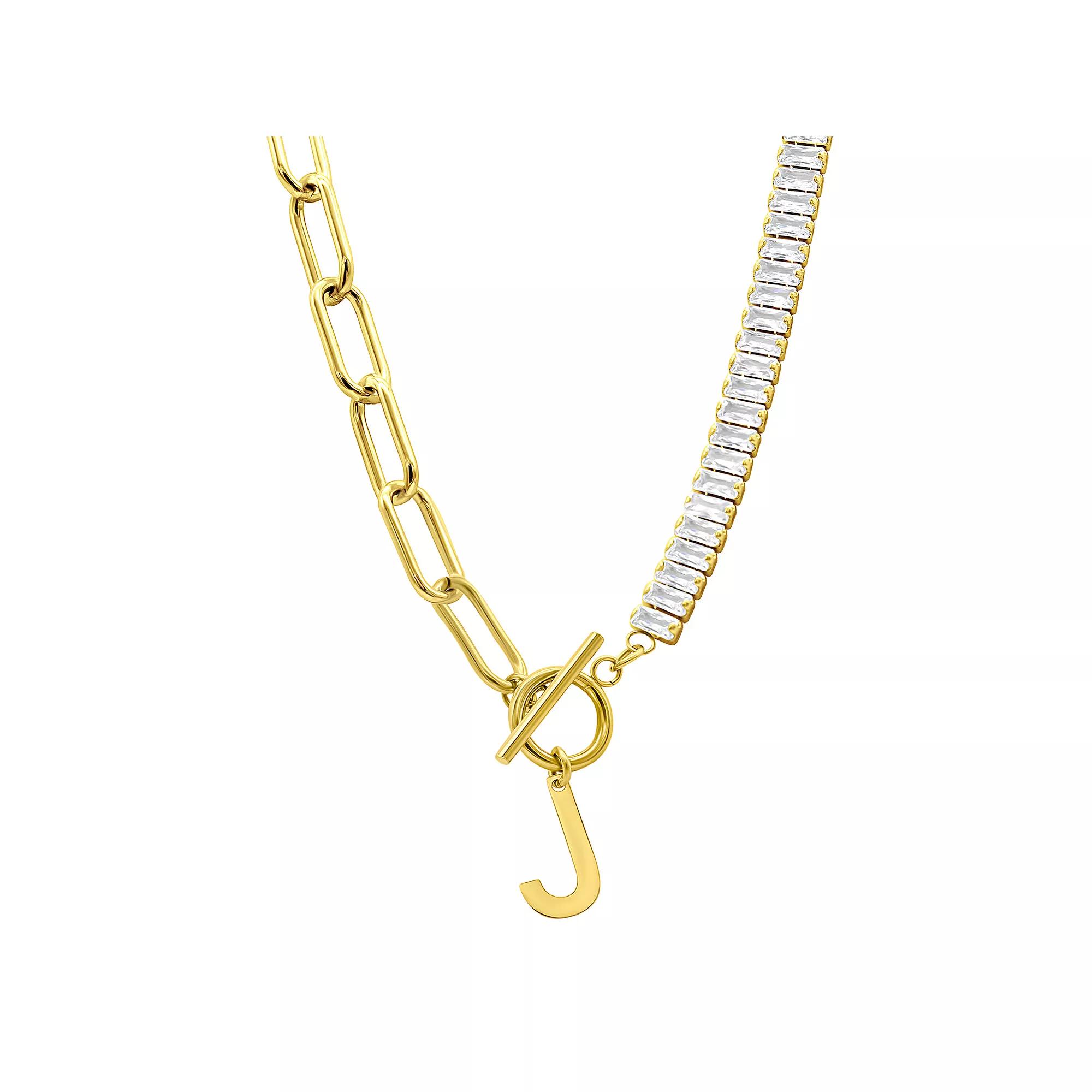 Adornia Gold Tone Half Crystal & Half Paperclip Initial Toggle Necklace, Women's, Size: 17", J Product Image