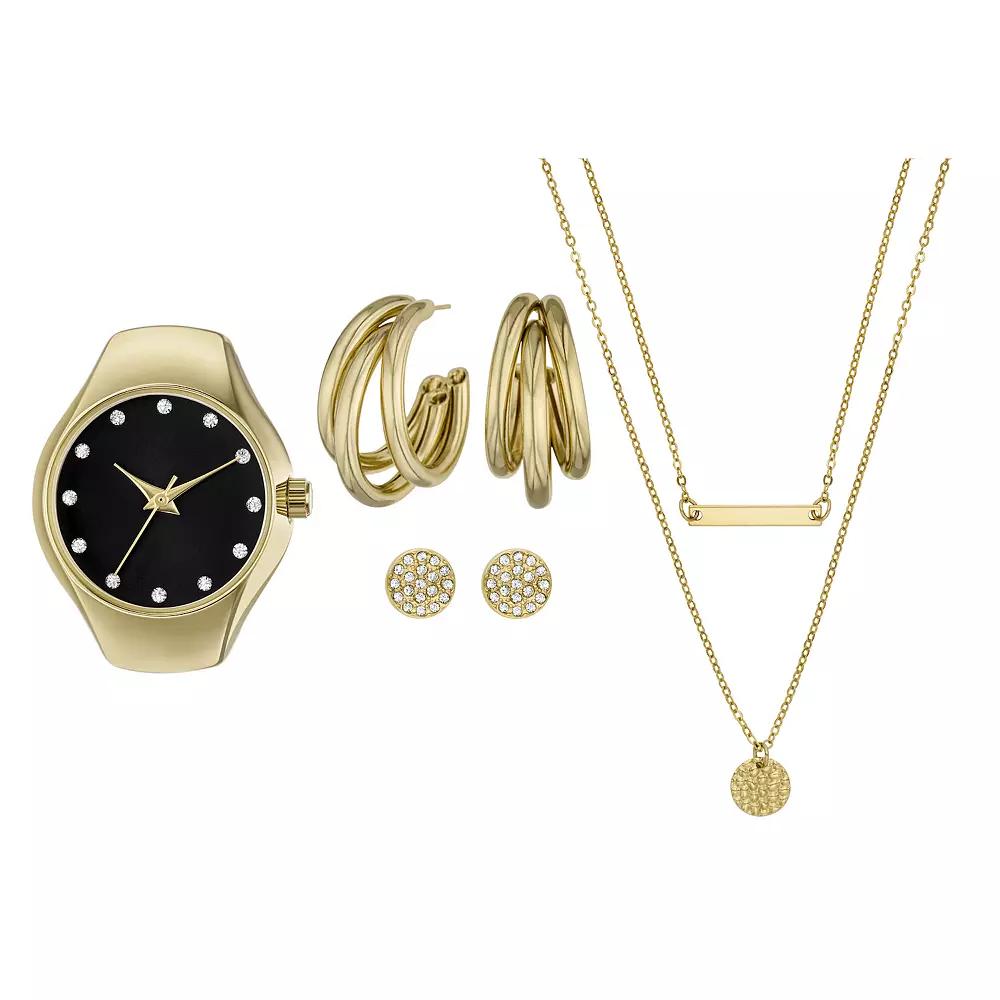 Folio Women's Gold Tone Ring Watch, Earrings & Necklace Set, Yellow Product Image