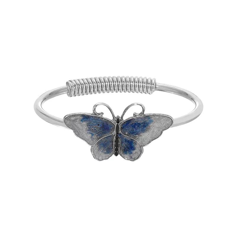 1928 Silver Tone Blue Enamel Butterfly Spring Hinged Bracelet, Womens Product Image