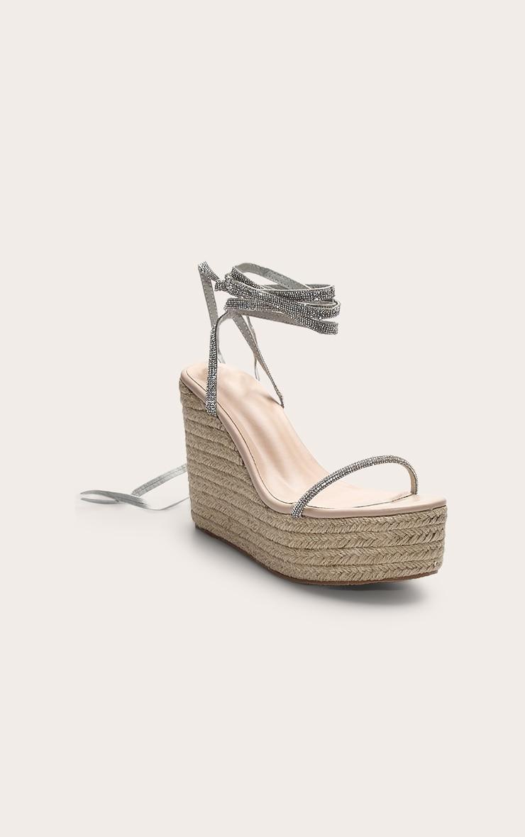 Silver Pu Round Toe Diamante Strappy Heeled Wedges Product Image