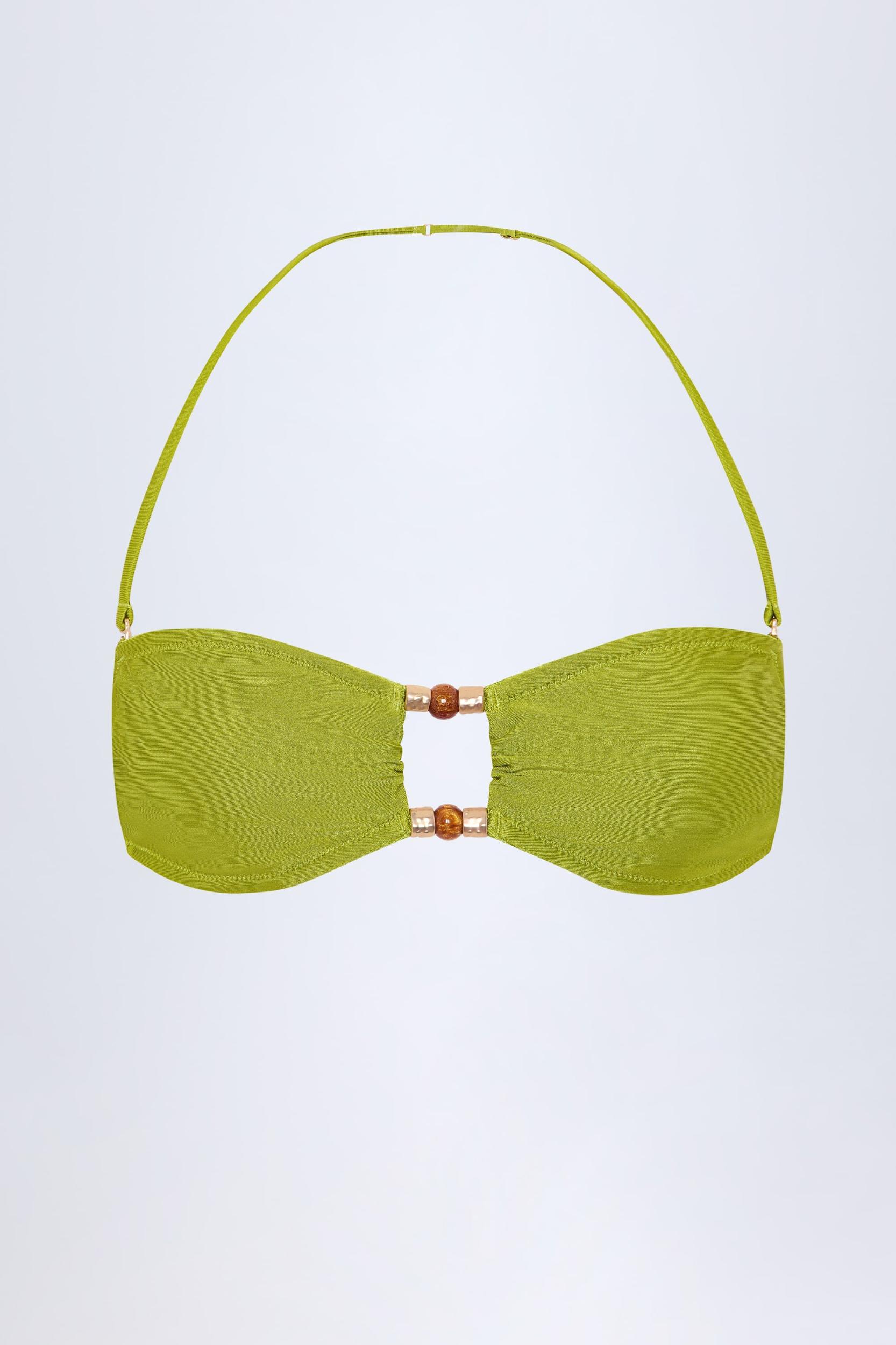 Bead-Embellished Bandeau Bikini Top in Olive Green Product Image