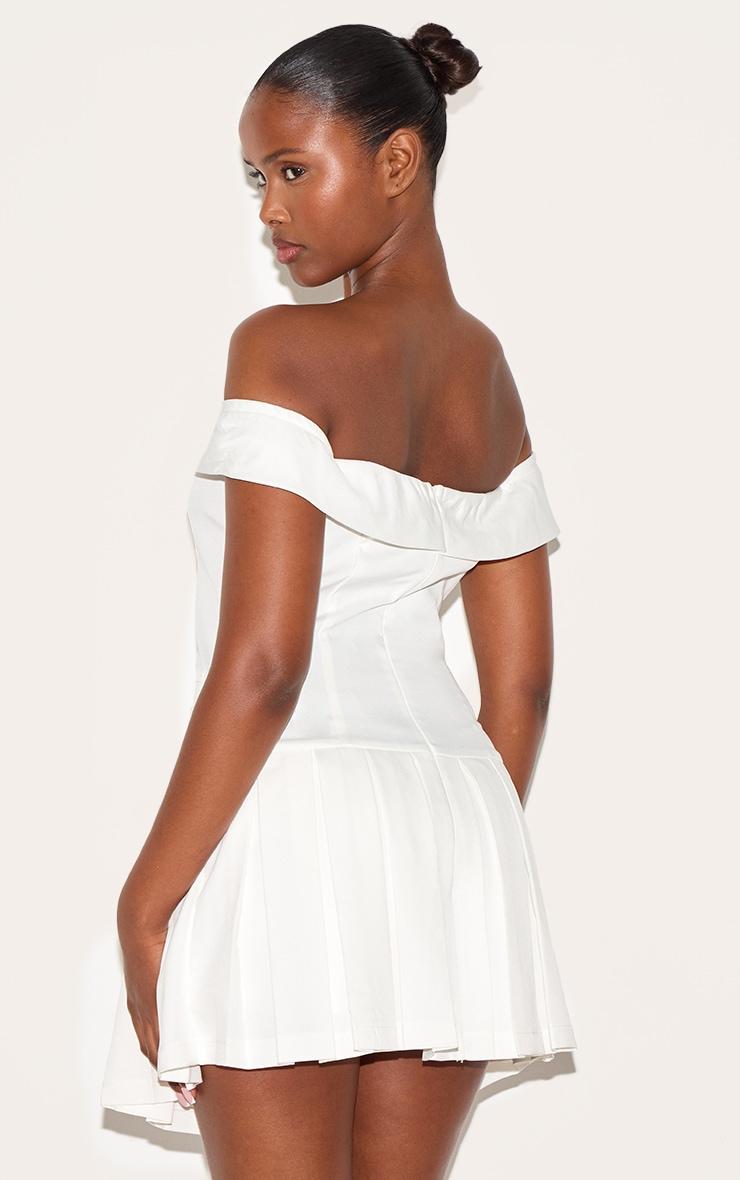 White Tailored Button Detail Bardot Pleated Skort Romper Product Image