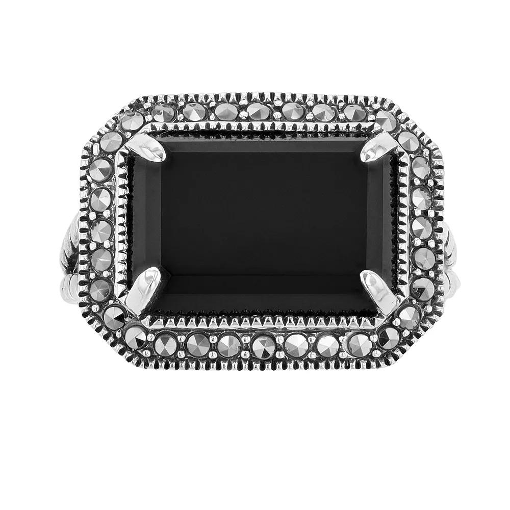 Lavish by TJM Sterling Silver Black Onyx & Marcasite East-West Rectangular Ring, Women's, Size: 7 Product Image