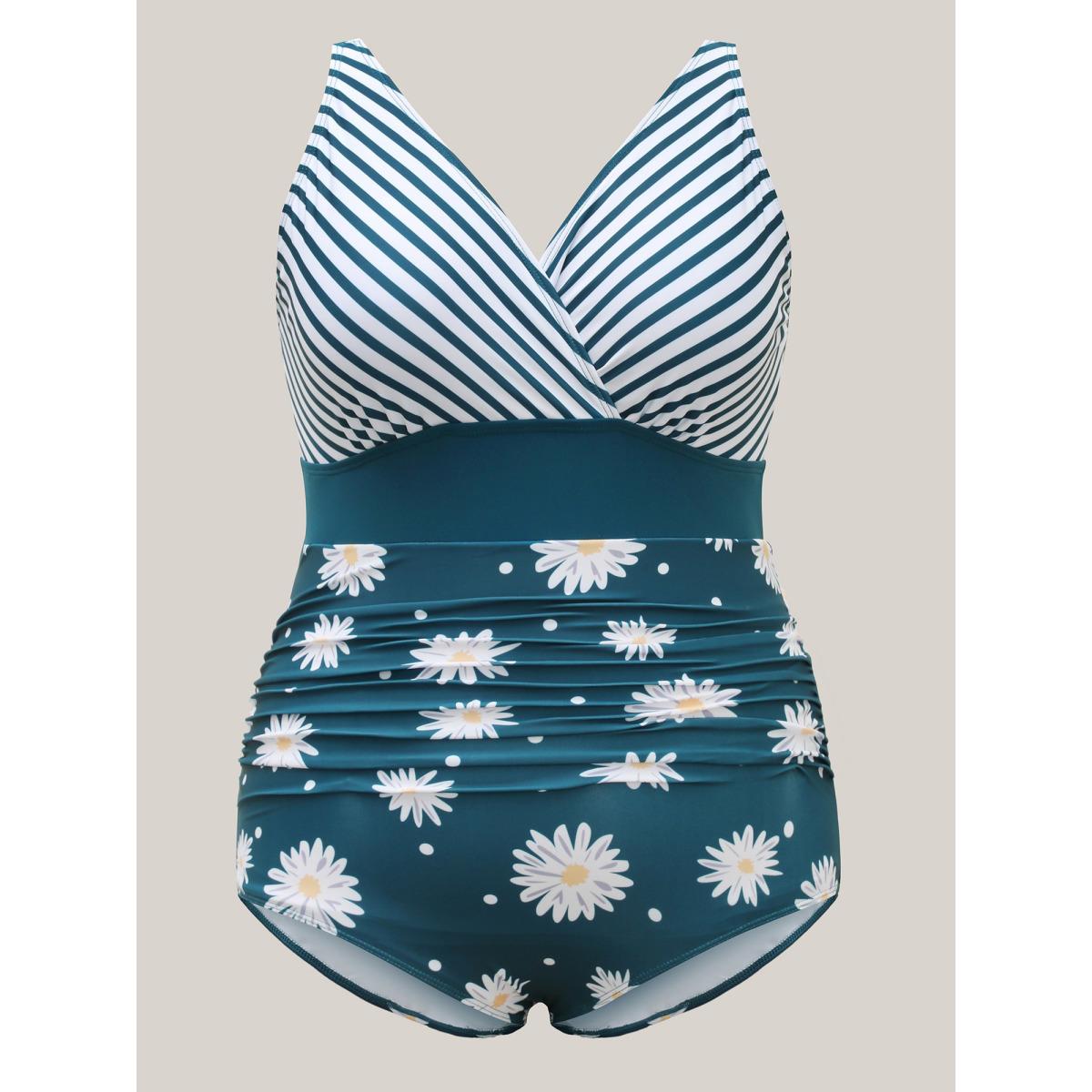 Plus Size Floral Stripe Print Ruched One-Piece Swimsuit Women's Swimwear Cyan Resort Gathered Curve Bathing Suits High stretch One Pieces BloomChic 26/4X Product Image