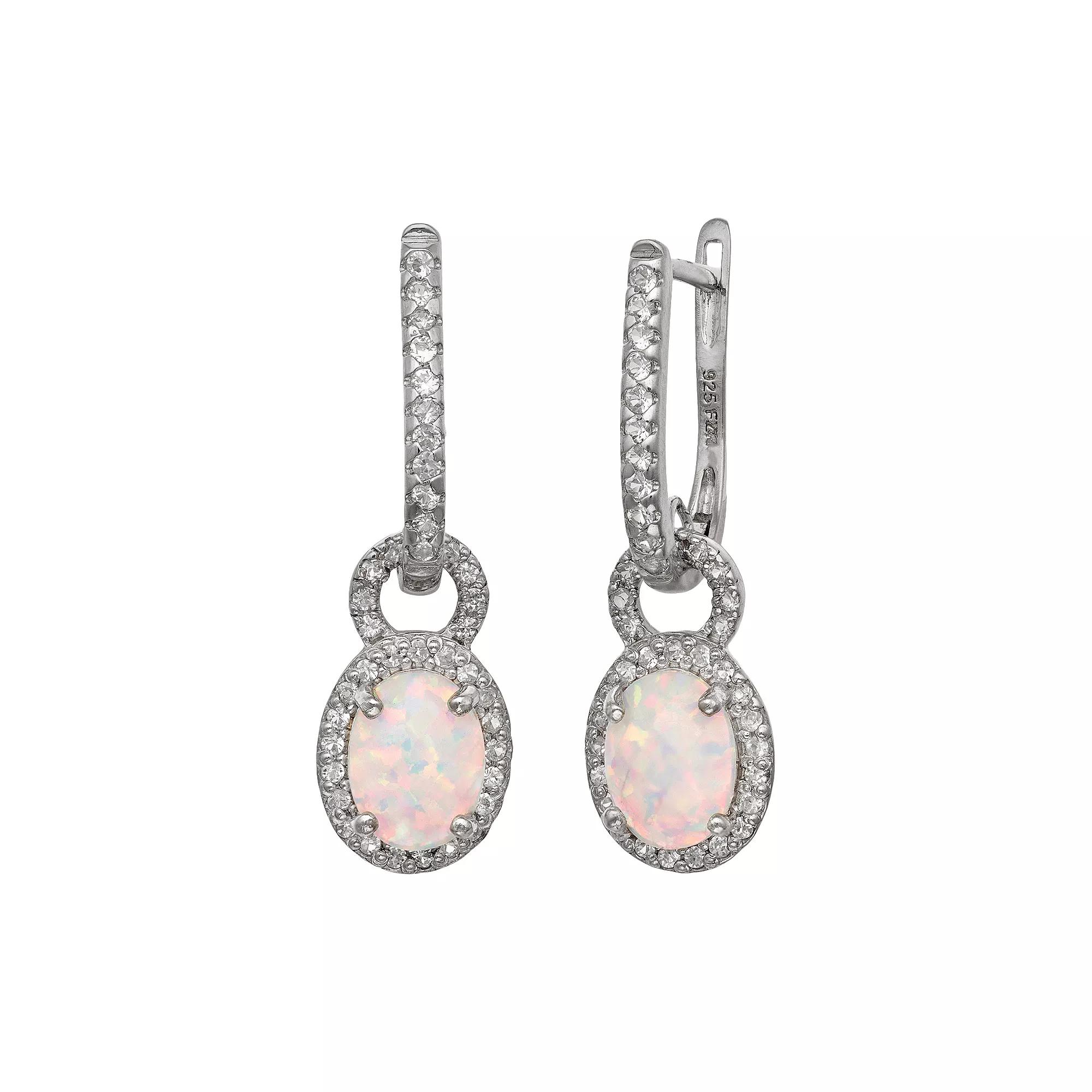Designs by Gioelli Sterling Silver Lab-Created Opal and Lab-Created White Sapphire Oval Halo Drop Earrings, Women's, Multi Product Image