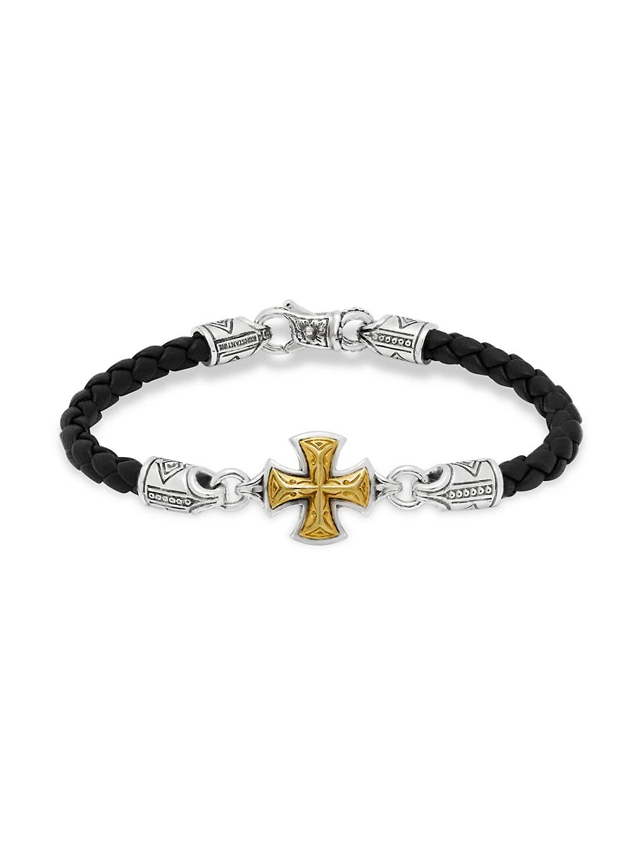 Womens Perseus Sterling Silver & Bronze Woven Leather Cross Bracelet Product Image