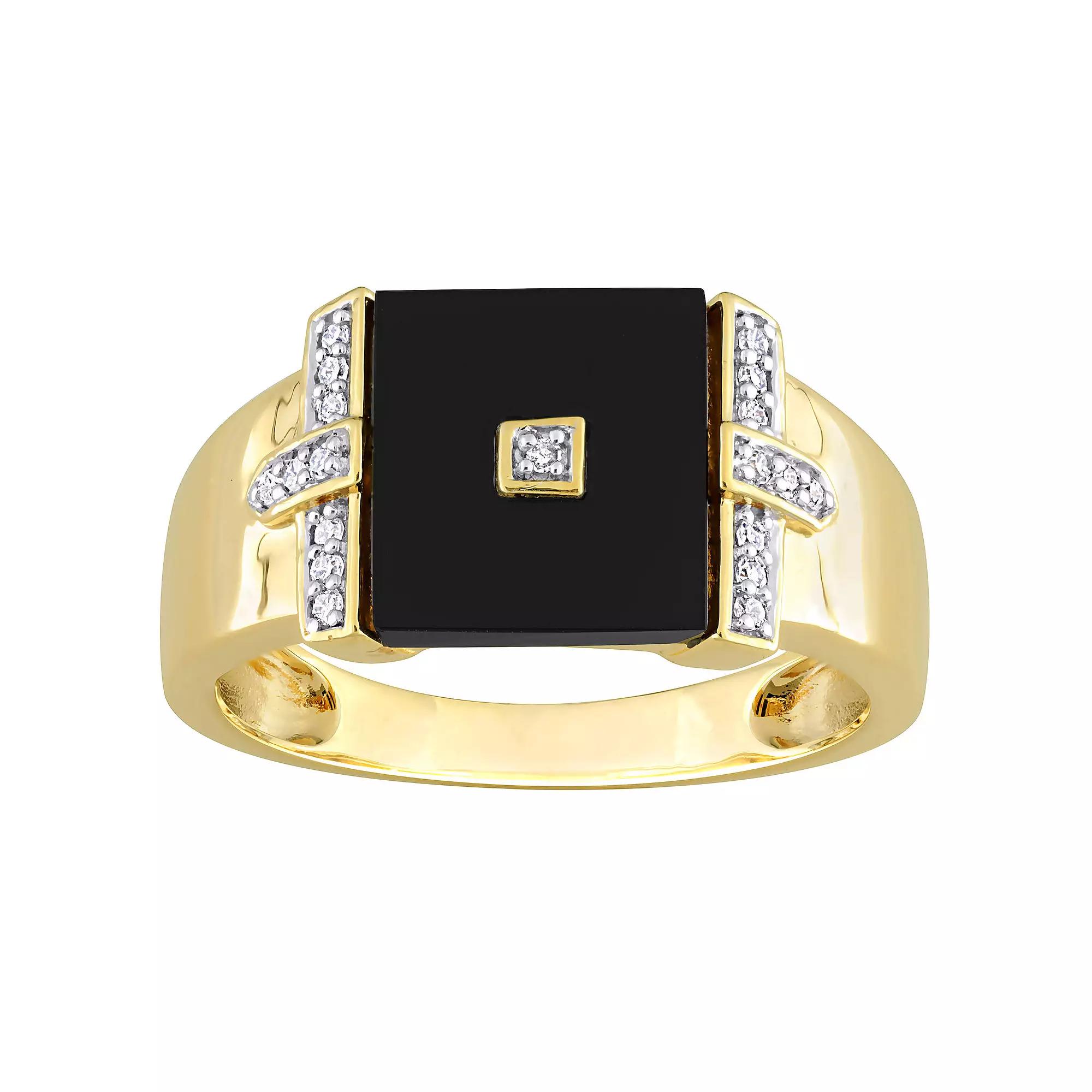 Stella Grace Men's 18k Gold Over Silver Square Black Onyx & 1/10 Carat T.W. Diamond Ring, 18k Gold Plated Product Image
