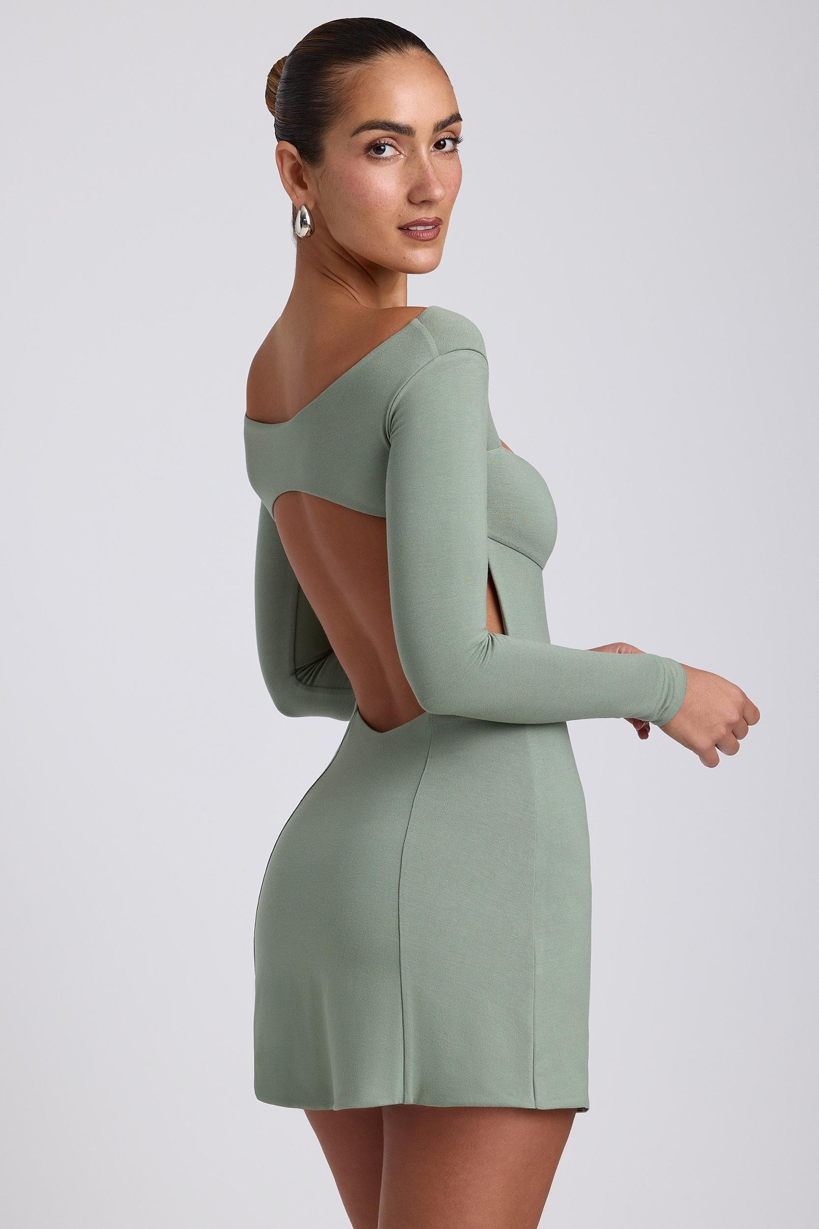 Modal Twist-Front Long-Sleeve Mini Dress in Sage Green Female Product Image