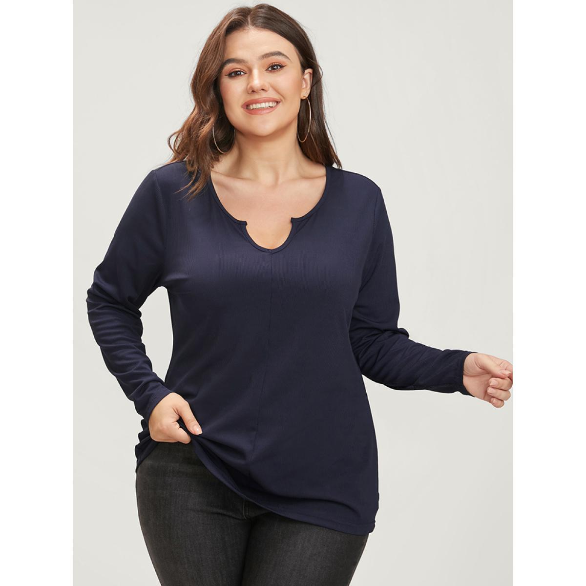 Plus Size Solid Notched Rib Knit Long Tee Midnight Women Elegant Plain V-neck Dailywear T-shirts BloomChic 18-20/2X Product Image