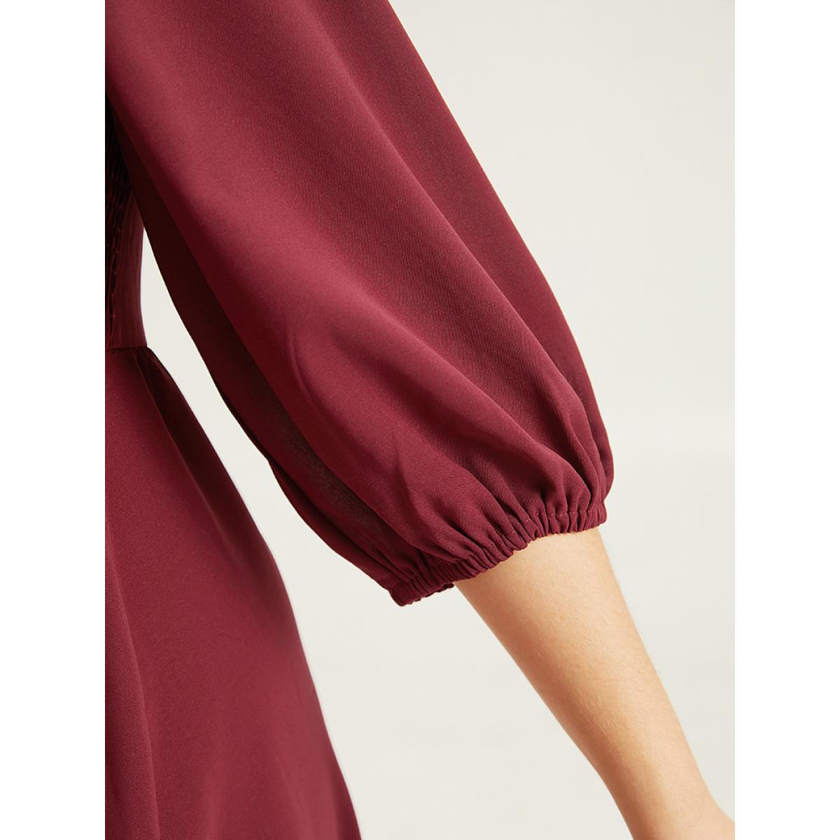 Plus Size Shirred Pocket Button Detail Frill Trim Dress Burgundy Women Casual Elastic cuffs Square Neck Elbow-length sleeve Curvy Knee Dress BloomChic 22-24/3X Product Image