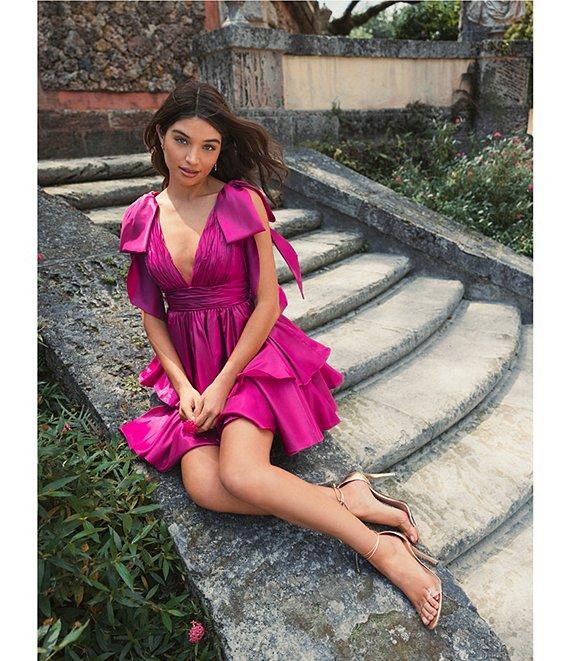 Mac Duggal Oversized Bow V-Neck Ruffled Mini Dress Product Image