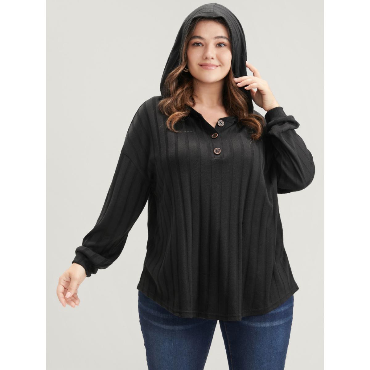 Plus Size Solid Button Rib Knit Arc Hem Hooded Sweatshirt Women Black Elegant Arc Hem Hooded Dailywear Sweatshirts BloomChic 28/5X Product Image