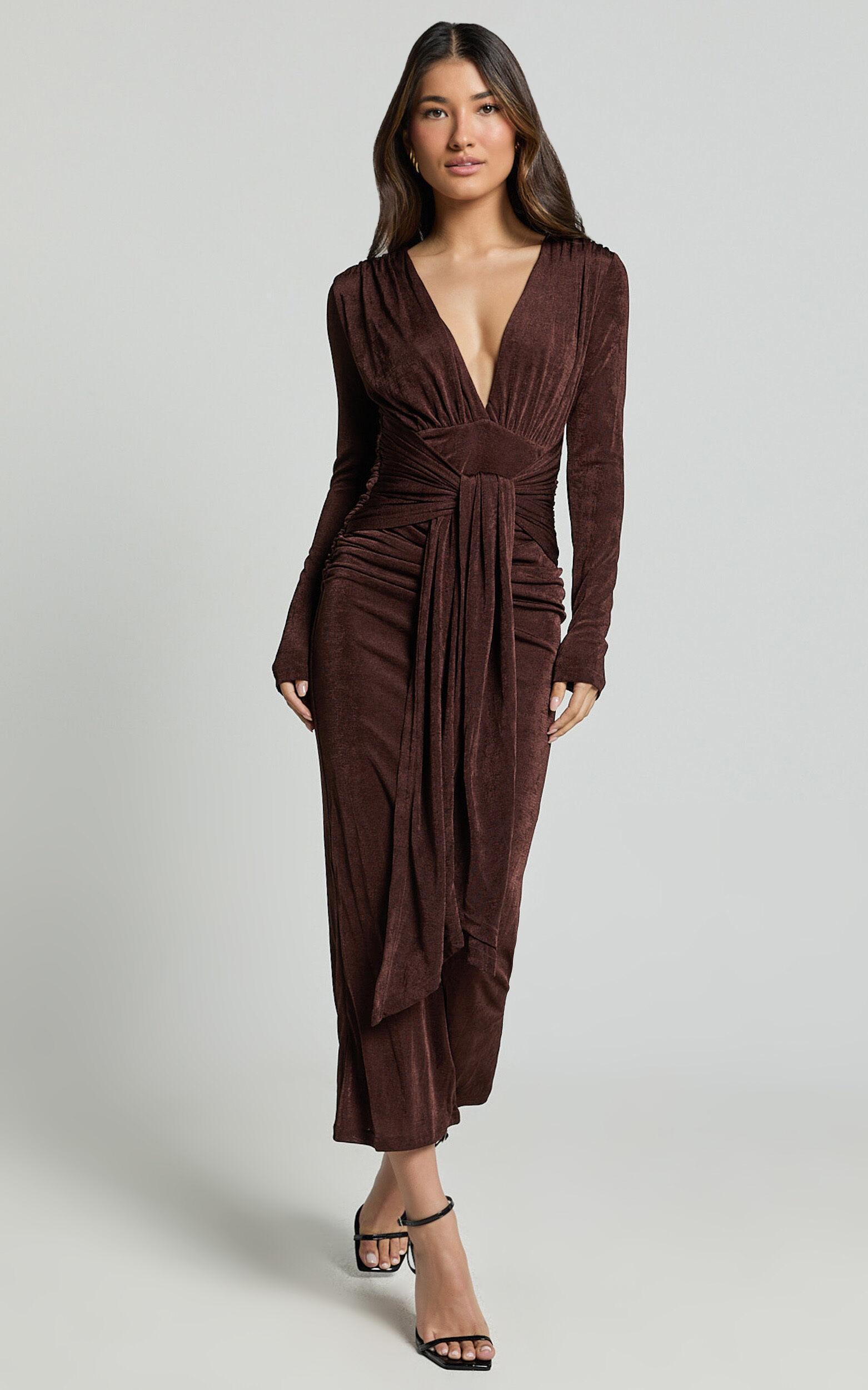 Melanie Midi Dress - Plunge Long Sleeve Tie Front Dress in Chocolate Product Image