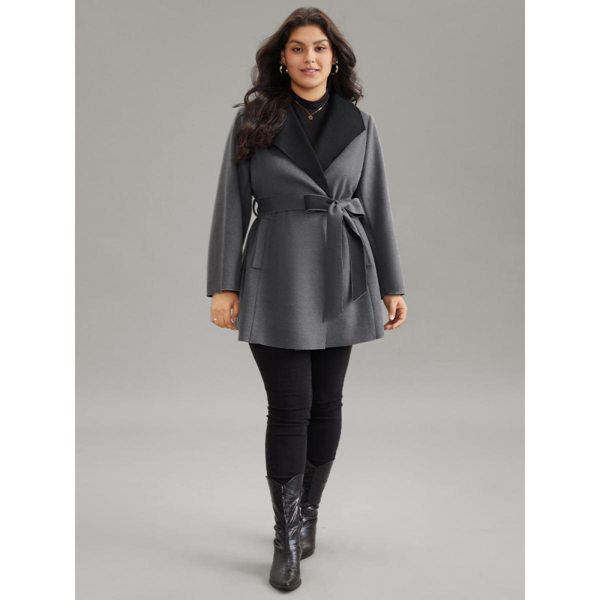 Plus Size Lapel Collar Contrast Belted Coat Women Gray Elegant Belted Ladies Everyday Winter Coats BloomChic 28/5X Product Image