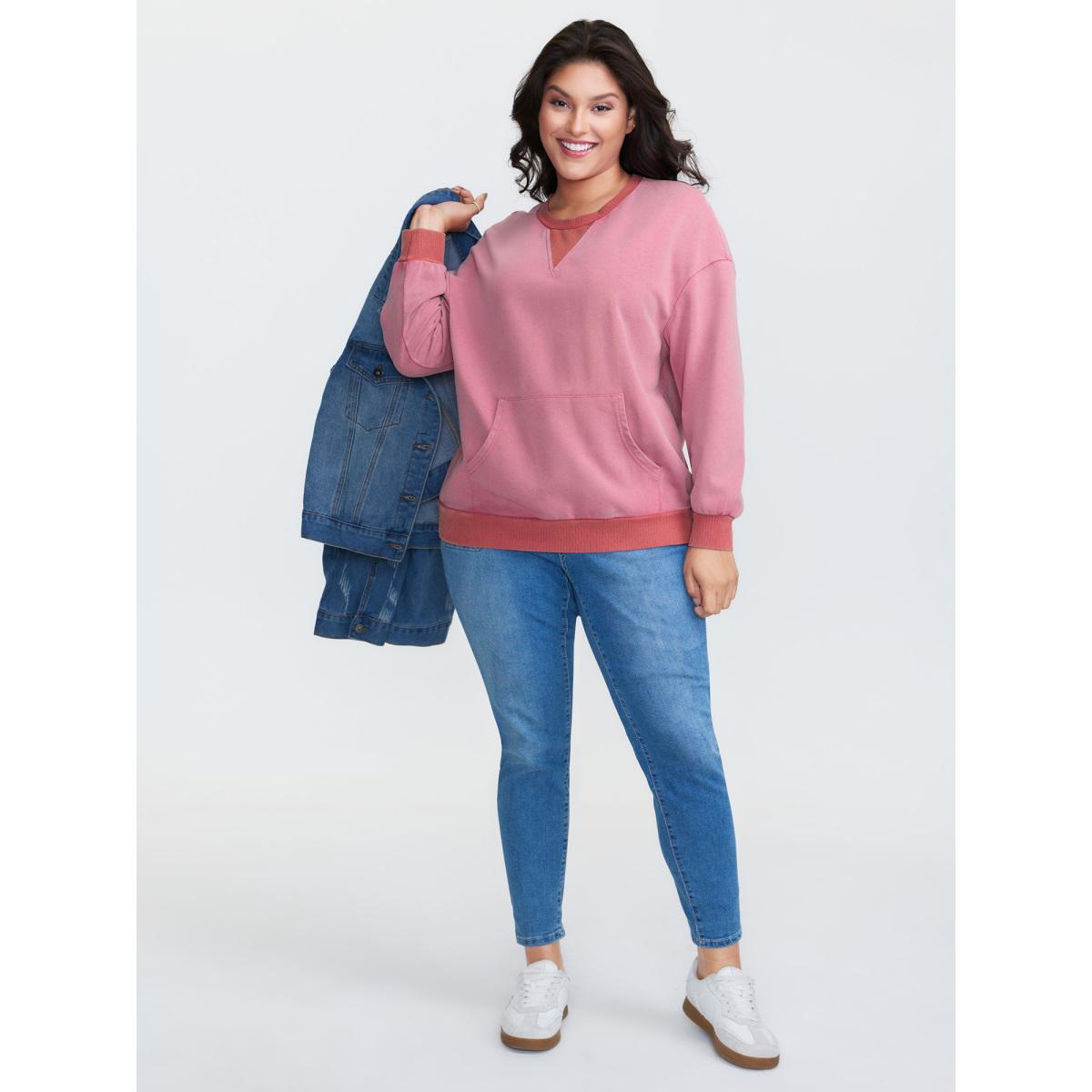Plus Size Pure Cotton Washed Distressed Pocket Sweatshirt Women Beanpastepowder Leisure Contrast Round Neck Casual Sweatshirts BloomChic 14-16/1X Product Image