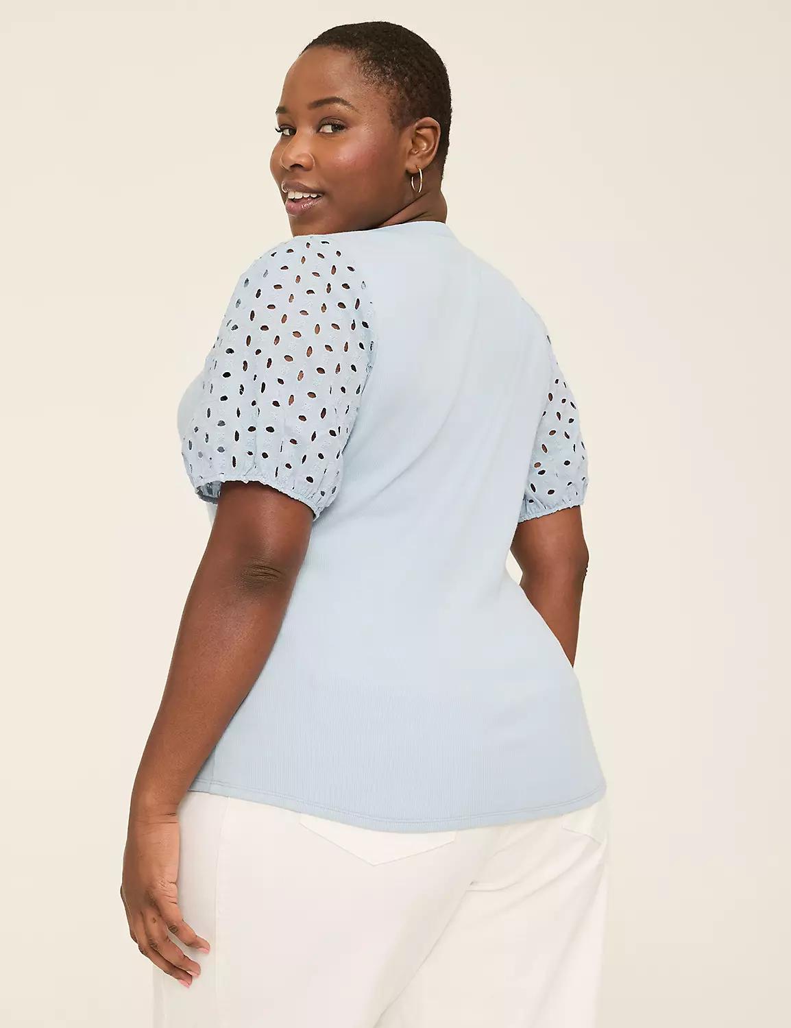 Eyelet-Sleeve Notch-Neck Rib Top Product Image