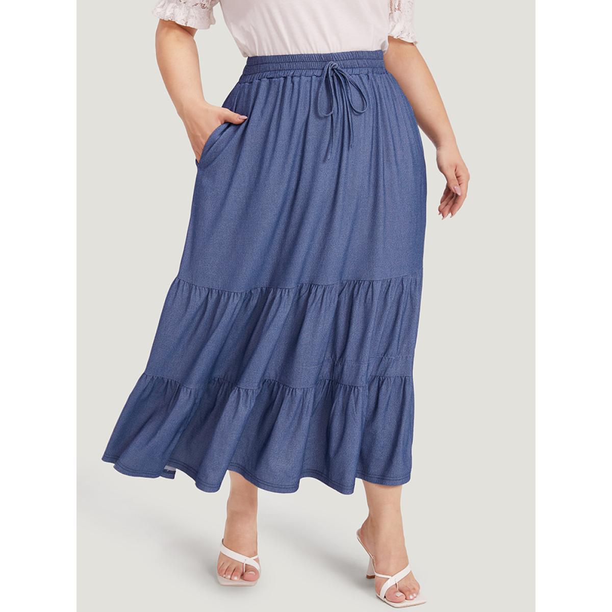 Plus Size Plain Ties Gathered Ruffle Layered Hem Skirt Women Indigo Elegant Plain No stretch Pocket Dailywear Skirts BloomChic 22-24/3X Product Image