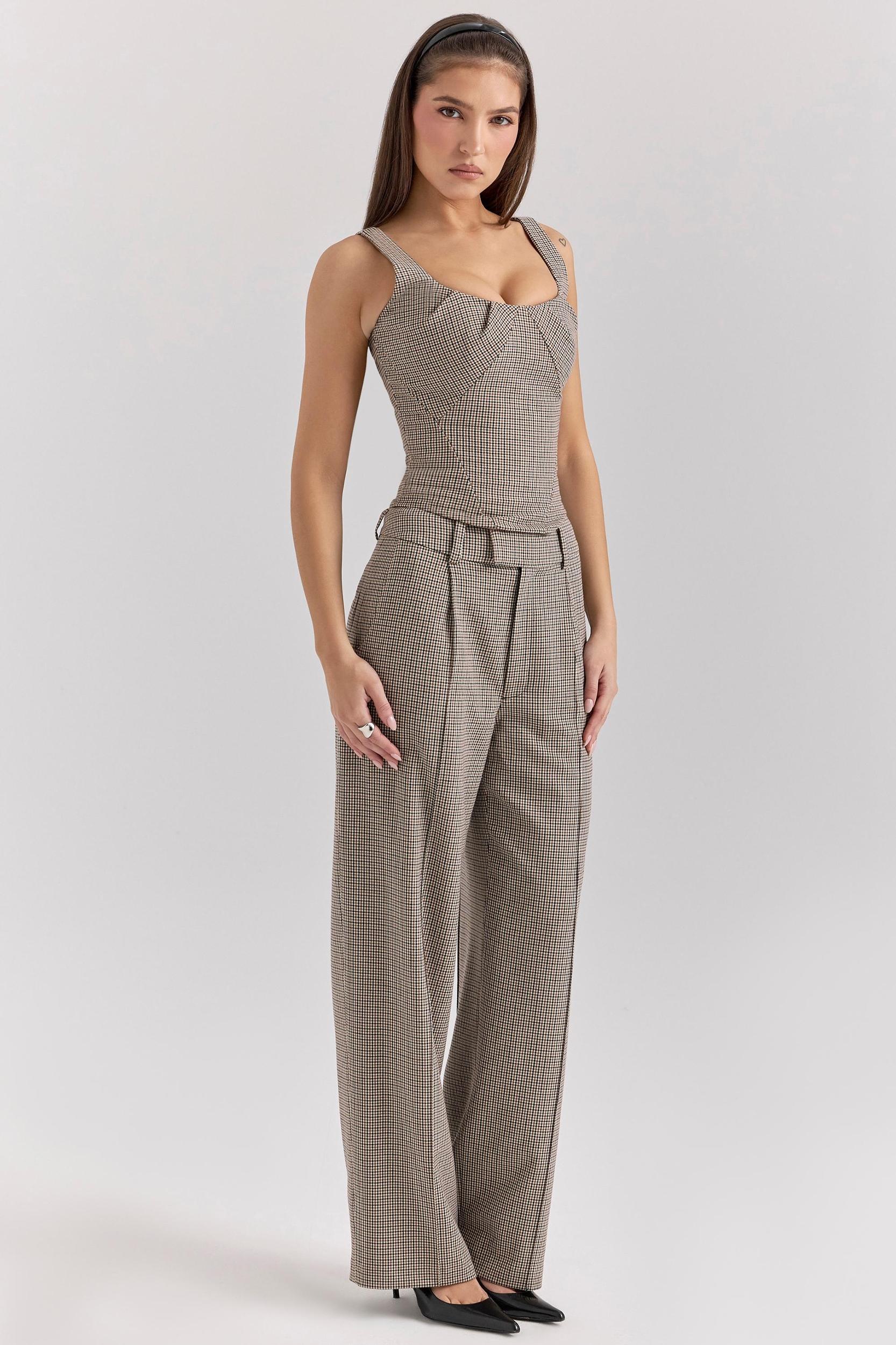 Hayden  brown puppytooth wide leg high waist tailored trousers Product Image