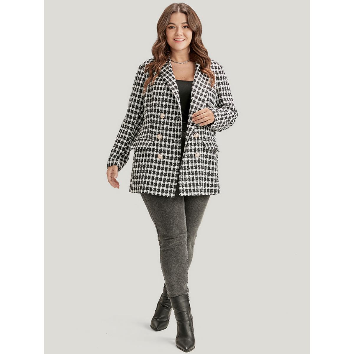 Plus Size Gingham Button Front Flap Pocket Blazer Black Women Work Gingham Pocket Sleeve Long Sleeve Lapel Collar 10/M Pocket Office Blazers BloomChic Product Image