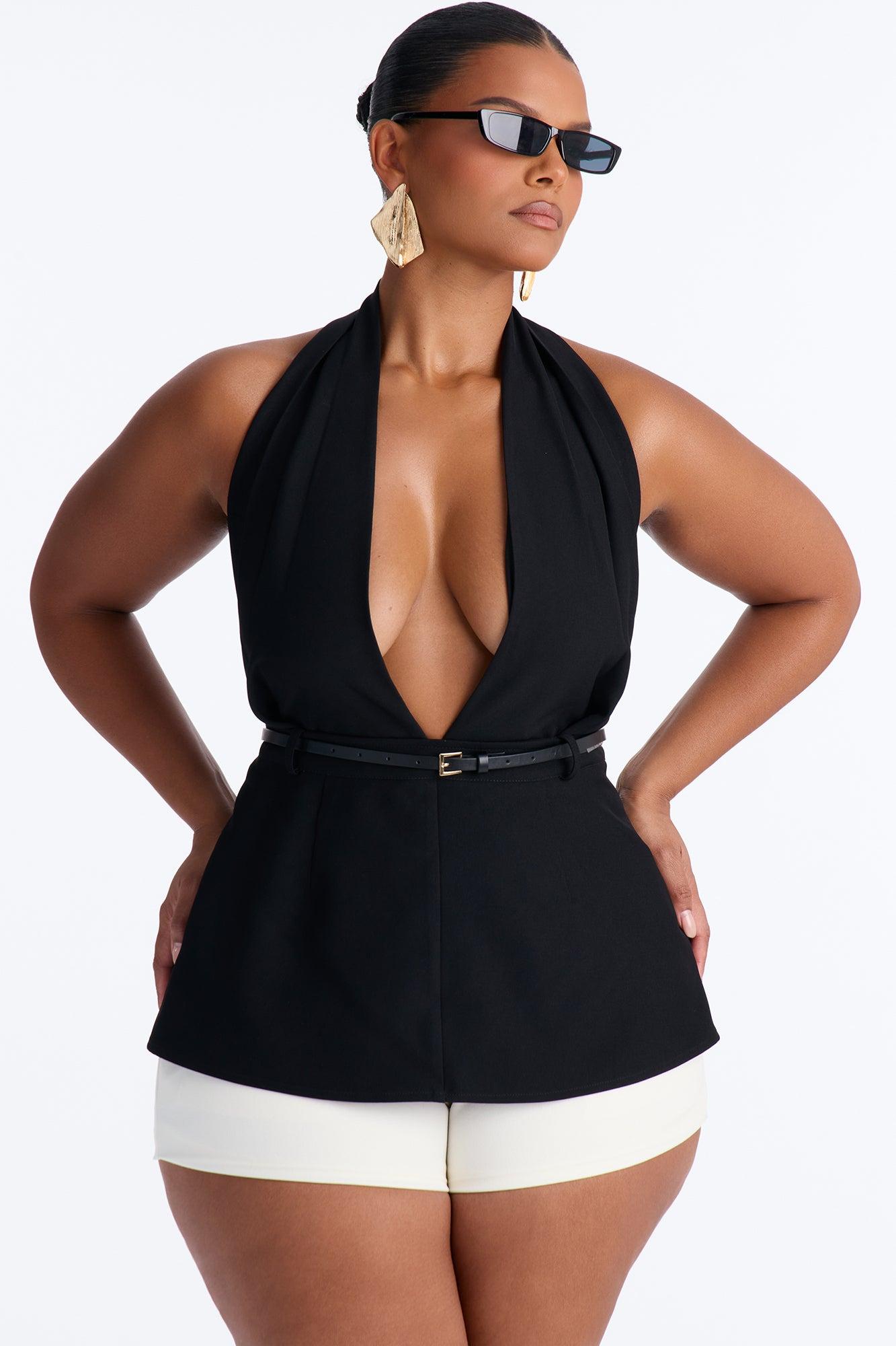 Minimal Talk Belted Twill Halter Top - Black Female Product Image